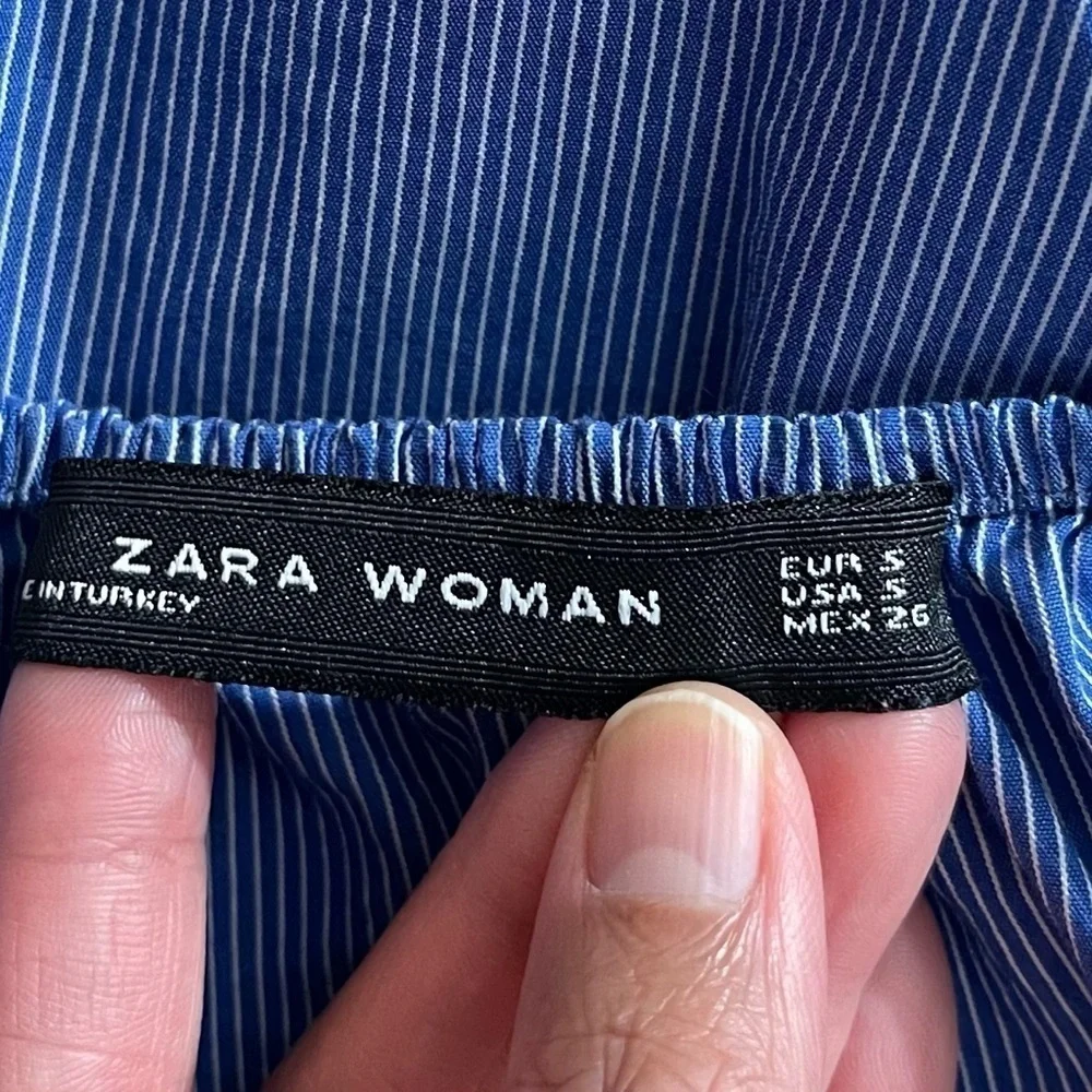 Zara Puff Sleeve Pinstripe Off Shoulder Blouse Women Size Small Blue/White Boho